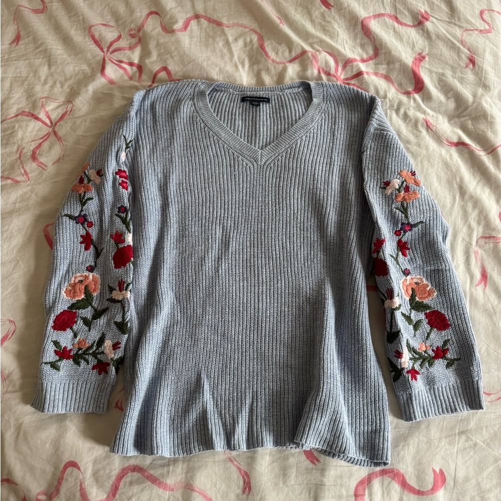 Light Blue V-Neck Sweater with Floral Embroidered Sleeves